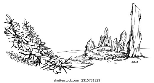 Ink hand drawn sketch vector illustration. Landscape scenery of highlands countryside nature. Standing stones circle Horizontal banner composition Design for travel, tourism, print, brochure,wall art