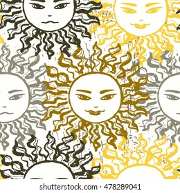 Ink hand drawn slavic sun seamless patttern
