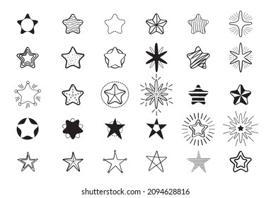 Juego de vectores de estrellas dibujadas a mano con tinta. Signo de clasificación de estrellas en estilo doodle sobre fondo blanco. Elementos geométricos esgrimidores de brochas.