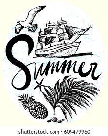 Ink hand drawn Summer trip illustration with ship in the deep, seagull and tropic flora