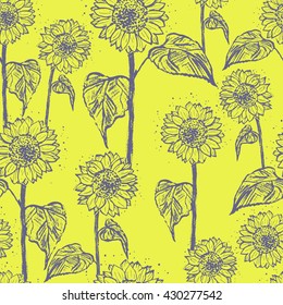 Ink hand drawn sunflowers seamless pattern