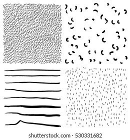 Ink hand drawn textures. Lines, dots, curves, hatching drawn with pen. Abstract backgrounds. Vector design elements