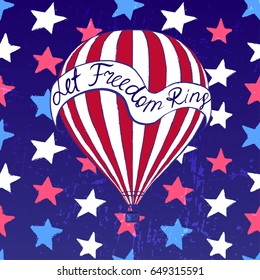Ink hand drawn vector air balloon in the night star sky on 4th of July Independence day