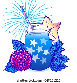 Ink hand drawn vector card July 4th Independence day party/Cocktail drink among flowers 