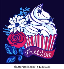 Ink hand drawn vector cupcake among flowers on 4th of July Independence day party