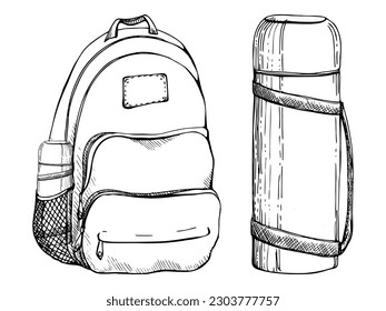 Dibujo gráfico vectorial dibujado a mano con tinta de objeto aislado. Mochila para practicar senderismo, turismo, equipajes para los turistas y el matraz. Diseño para turismo, viajes, folletos, guía, tarjeta, impresión, tatuaje