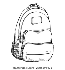 Ink hand drawn vector graphic sketch of isolated object. Backpack for hiking, sightseeing, tourist accessory luggage baggage rucksack. Design for tourism, travel, brochure, guide, print, card, tattoo