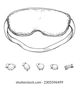 Ink hand drawn vector graphic sketch of isolated object. Travel accessory for tourist, sleeping mask with jumping sheep. Design for tourism, travel, brochure, booklet, guide, print, card, tattoo