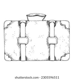 Ink hand drawn vector graphic sketch, silhouette of isolated object. Old vintage retro leather suitcase luggage baggage. Design for tourism, travel, brochure, wedding, guide, print, card, tattoo