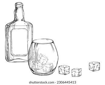 Ink hand drawn vector graphic sketch. Scotch scottish whisky whiskey wooden barrel, bottle with label and glass with rocks. Design for tourism, travel, brochure, wedding, guide, print, card, tattoo
