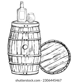 Ink hand drawn vector graphic sketch. Scotch scottish whisky whiskey wooden barrel, bottle with label and glass with rocks. Design for tourism, travel, brochure, wedding, guide, print, card, tattoo