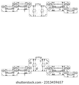 Ink hand drawn vector graphic sketch. Square border frame. Old retro vintage leather suitcases baggage luggage. Design for tourism, travel, brochure, booklet, wedding, guide, print, card, tattoo