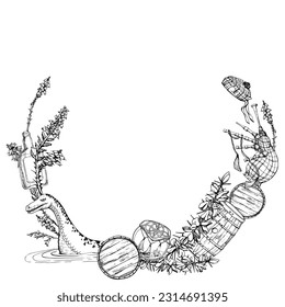 Ink hand drawn vector graphic sketch illustration. Scotland symbols circle wreath. Whisky tartan bagpipe heather scotch broom flower loch ness Design for tourism, travel, wedding, print, fabric, card