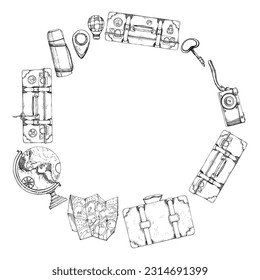 Ink hand drawn vector graphic sketch. Round wreath frame. Tourist accessories, luggage suitcase, vacuum flask, photo camera, map globe. Tourism, travel, brochure, booklet, wedding, guide print card