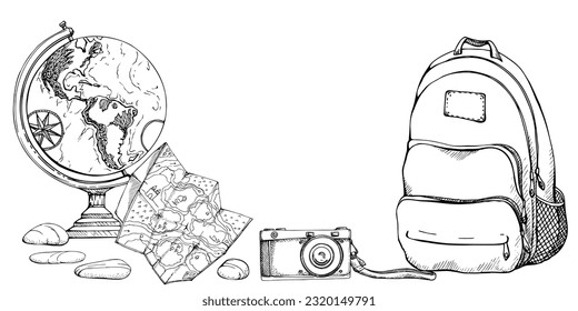 Ink hand drawn vector graphic outline sketch. Unfolded map, old vintage globe, photo camera, backpack baggage luggage. Design for tourism, travel, brochure, wedding, guide, print, card tattoo