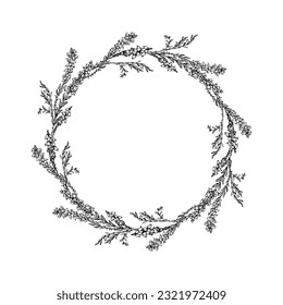 Ink hand drawn vector graphic sketch illustration. Flower circle wreath of heather branches with buds and leaves. Nature bloom vegetation. Design for tourism, travel, wedding, print, fabric, card.