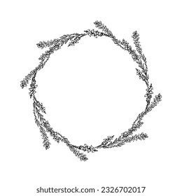Ink hand drawn vector graphic sketch illustration. Flower circle wreath of heather branches with buds and leaves. Nature bloom vegetation. Design for tourism, travel, wedding, print, fabric, card.