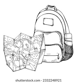 Esbozo de contorno gráfico con la mano dibujado con la tinta.Bolsa de mochila para accesorios turísticos, matraz de vacío, mapa plegado de navegación. Diseño para turismo, viajes, folletos, boda, guía, impresión, tatuaje de tarjetas