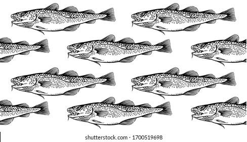 Ink Hand drawn vector illustration of cod fish (Gadus morhua) Seamless Pattern