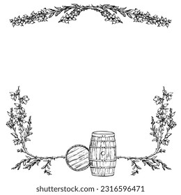 Ink hand drawn vector illustration. Scotland symbols. Scotch scottish whisky whiskey wooden barrels and heather plant flower border. Square frame. Design for tourism, travel, brochure, booklet, print