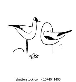 Ink hand drawn vector seagulls. Bird sign witn sea stones. Minimalist drawing.