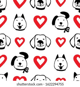 Ink hand drawn vector seamless pattern with hearts and funny dog faces