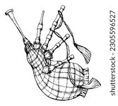 Ink hand drawn vector sketch of isolated object. Scotland symbol, tartan pattern traditional scottish bagpipe musical instrument. Design for tourism, travel, brochure, guide, print, card, tattoo
