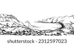 Ink hand drawn vector sketch. Seamless border. Scotland scenic landscape with lake, hills, mountains, rock wall, ancient Loch Ness monster. Design for tourism, travel, brochure, wedding, guide, print
