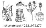 Ink hand drawn vector sketch of isolated objects. Scotland symbols menswear, tartan kilt, beret, bagpipes, sporran pouch, thistle flowers. For tourism, travel, brochure, guide, print, card tattoo