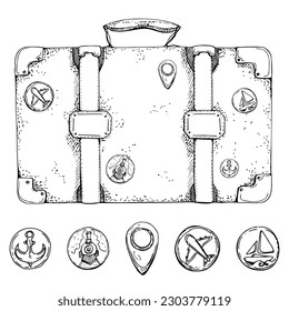 Ink hand drawn vector sketch of isolated object. Retro vintage suitcase with stickers and pins, luggage baggage icons key. Design for tourism, travel, brochure, wedding, guide, print, card, tattoo