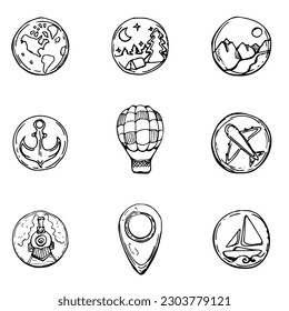 Ink hand drawn vector sketch of isolated object. Set of icons badges pins transport, hiking camping nature, location cursor. Design for tourism, travel, brochure, wedding, guide, print, card, tattoo