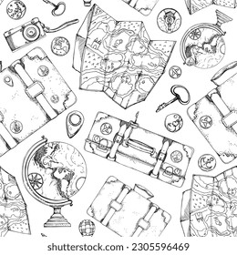 Ink hand drawn vector sketch. Seamless pattern. Suitcases luggage with stickers icons pins, old photo camera, globe and map. Design for tourism, travel, brochure, wedding, guide, print, card, tattoo