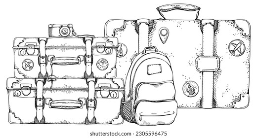 Ink hand drawn vector sketch. Illustration with set of retro vintage old suitcases with stickers luggage baggage and backpack. Design for tourism, travel, brochure, wedding, guide, print, card tattoo