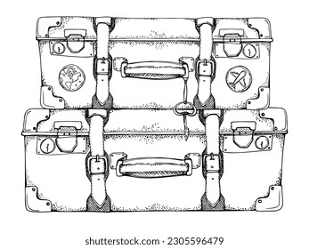 Ink hand drawn vector sketch. Illustration with set of retro vintage old suitcases luggage baggage with stickers and key. Design for tourism, travel, brochure, wedding, guide, print, card, tattoo