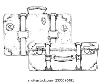 Ink hand drawn vector sketch. Illustration with set of retro vintage old suitcases luggage baggage with stickers and key. Design for tourism, travel, brochure, wedding, guide, print, card, tattoo