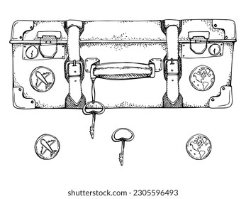 Ink hand drawn vector sketch of isolated object. Retro vintage suitcase with stickers and pins, luggage baggage icons key. Design for tourism, travel, brochure, wedding, guide, print, card, tattoo