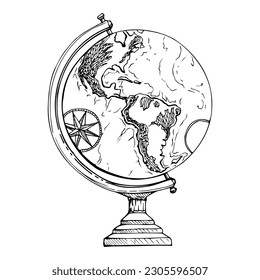 Ink hand drawn vector sketch of isolated object. Old vintage globe with world map for navigation, orientation. Americas view. Design for tourism, travel, brochure, wedding, guide, print, card, tattoo