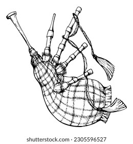 Ink hand drawn vector sketch of isolated object. Scotland symbol, tartan pattern traditional scottish bagpipe musical instrument. Design for tourism, travel, brochure, guide, print, card, tattoo