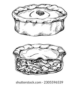 Ink handgezeichnete Vektorgrafik von isoliertem Objekt. Schottland Symbol Essen, Scotch Shell Kuchen mit Hackfleisch oder Steak. Design für Tourismus, Reisen, Broschüren, Reiseführer, Druck, Karte, Tattoo, Restaurantmenü