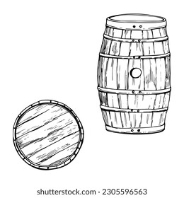 Ink hand drawn vector sketch of isolated object. Wooden barrel side and top view for storing liquor whisky whiskey sherry beer. Design for tourism, travel, brochure, guide, print, card, tattoo, menu