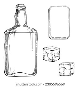 Ink hand drawn vector sketch of isolated object. Scotch whisky whiskey glass square bottle with label and rocks. Scottish symbol drink Design for tourism, travel, brochure, guide, print, card, tattoo