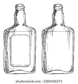 Ink hand drawn vector sketch of isolated object. Scotch whisky whiskey glass square bottle with label. Scottish symbol drink. Design for tourism, travel, brochure, guide, print, card, tattoo