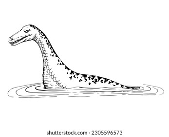 Ink hand drawn vector sketch of isolated object. Loch Ness ancient Nessie monster animal, Scotland symbol. Dinosaur plesiosaurus. Design for tourism, travel, brochure, guide, print, card, tattoo