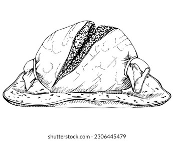 Ink hand drawn vector sketch of isolated object. Scotland symbol local traditional food, haggis pudding on ceramic dish, minced meat. Design for tourism, travel, brochure, guide, print, card, menu.