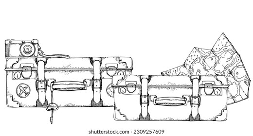 Ink hand drawn vector sketch. Illustration with set of retro vintage old suitcases luggage baggage with stickers, key and map. Design for tourism, travel, brochure, wedding, guide, card, print, tattoo