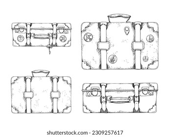 Ink hand drawn vector sketch. Illustration with set of retro vintage old suitcases luggage baggage with stickers and key. Design for tourism, travel, brochure, wedding, guide, print, card, tattoo