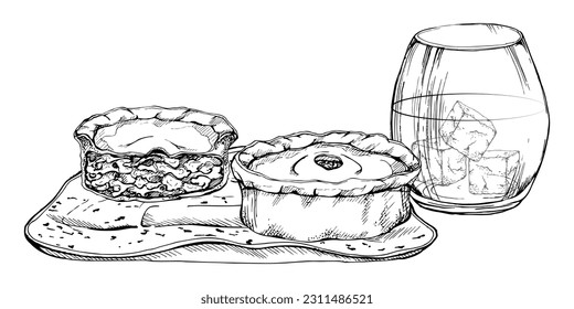 Ink hand drawn vector sketch. Scotland symbol food, scotch pie with minced meat or steak, glass with whisky on rocks. Design for tourism, travel, brochure, guide, print, card, tattoo, restaurant menu