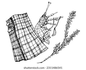 Ink hand drawn vector sketch. Scottish traditional menswear, tartan pattern kilt and bagpipes with heather flower branch. Design for tourism, travel, brochure, wedding, guide, print, card, tattoo