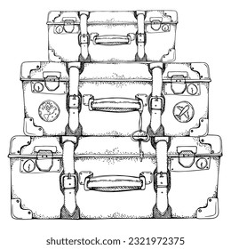 Ink hand drawn vector sketch. Illustration with set of retro vintage old suitcases luggage baggage with stickers and key. Design for tourism, travel, brochure, wedding, guide, print, card, tattoo