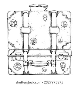 Ink hand drawn vector sketch. Illustration with set of retro vintage old suitcases luggage baggage with stickers and key. Design for tourism, travel, brochure, wedding, guide, print, card, tattoo